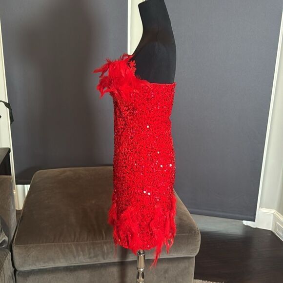 Women’s Short Red Strapless Sequined BodyCon Party Dress with Feathers Size L - Picture 16 of 16